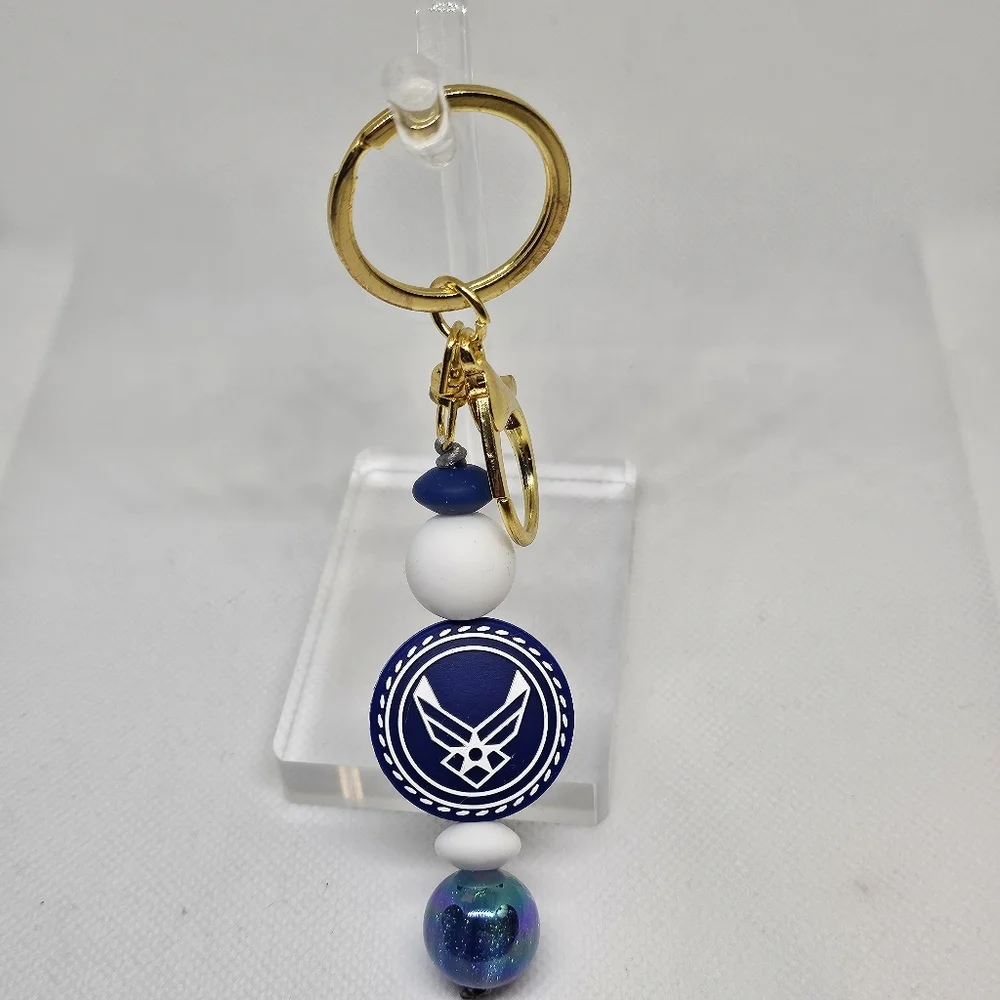 US Airforce Focal Beaded Keychain Goldtone Metal